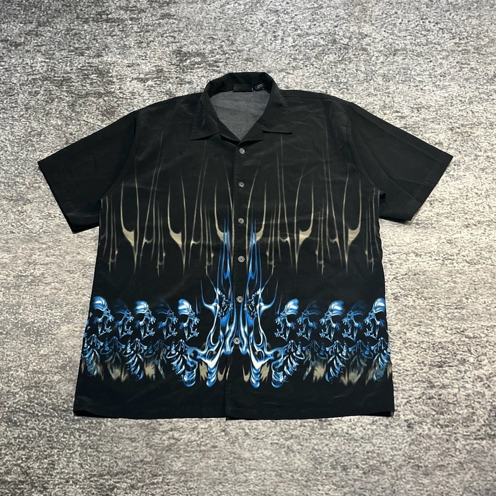Vintage Y2K Odo Button Up Shirt mens Large Black Blue Grunge Skull‎ Flames